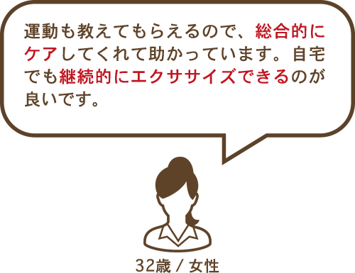 運動も教えてもらえるので、総合的にケアしてくれて助かっています。自宅でも継続的にエクササイズできるのが良いです。